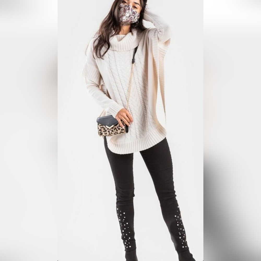Francescas Emma Cable Knit Poncho, cowl neck, off white, size L/XL